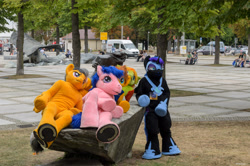 Size: 4928x3264 | Tagged: safe, artist:atalonthedeer, derpibooru import, daring do, firefly, nightmare moon, oc, oc:croc pony, oc:tracy swift, g1, g4, 2015, fursuit, galacon, group, irl, outdoors, photo, ponysuit, quintet