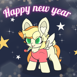 Size: 2241x2241 | Tagged: safe, alternate version, artist:sodapop sprays, derpibooru import, oc, oc only, oc:sodapop sprays, pegasus, pony, g4, 2025, clothes, happy new year, happy new year 2025, high res, holiday, new year, noisemaker, shirt, solo