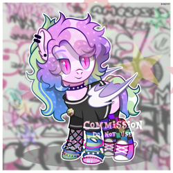 Size: 5000x5000 | Tagged: safe, alternate version, artist:scarffist, derpibooru import, oc, oc only, bat pony, pony, base used, bat ears, bat pony oc, bat wings, bracelet, choker, clothes, colored wings, converse, ear piercing, eyeshadow, fangs, jewelry, long hair, long mane, makeup, multicolored hair, multicolored mane, multicolored tail, multicolored wings, passepartout, piercing, pin, pink eyes, scenecore, shirt, shoes, short tail, smiling, sneakers, solo, standing, stockings, t-shirt, tail, teeth, thigh highs, wings