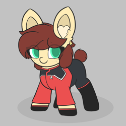 Size: 1876x1876 | Tagged: safe, artist:sodapop sprays, derpibooru import, oc, oc only, oc:horsely, oc:sadels horsely, earth pony, pony, clothes, commission, ear piercing, freckles, looking at you, lower decks, piercing, solo, star trek, star trek:lower decks, uniform, ych result