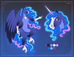 Size: 4000x3106 | Tagged: safe, artist:jenery, derpibooru import, oc, oc only, oc:night mare, alicorn, anthro, unguligrade anthro, alicorn oc, barbie doll anatomy, belly, belly button, blaze (coat marking), blue background, breasts, coat markings, color palette, colored hooves, colored wings, colored wingtips, commission, commissioner:blossomthemare, cutie mark on anthro, ethereal mane, ethereal tail, eyeshadow, facial markings, featureless breasts, featureless crotch, fetlock tuft, gradient background, gradient horn, hoers, hooves, horn, magenta eyes, makeup, not luna, pale belly, reference sheet, simple background, solo, tail, two toned wings, wings