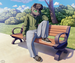 Size: 4386x3700 | Tagged: safe, artist:suhar, derpibooru import, oc, oc only, oc:rich, anthro, changeling, plantigrade anthro, bench, bush, clothes, concrete, dappled sunlight, denim, eyebrows, eyebrows visible through hair, eyelashes, grass, grass field, green eyes, hoodie, horn, jeans, lace, looking at you, male, nature, outdoors, pants, park bench, shirt, shoes, sitting, sky, sneakers, solo, t-shirt, tree