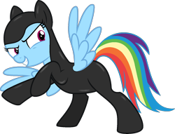 Size: 1417x1085 | Tagged: safe, artist:stephen-fisher, derpibooru import, rainbow dash, pegasus, pony, g4, catsuit, female, grin, mare, simple background, smiling, solo, spy suit, transparent background, vector