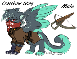 Size: 2641x2030 | Tagged: safe, alternate version, artist:yuris, derpibooru import, oc, oc only, oc:crossbow wing, griffon, bounty hunter, clothes, coat, crossbow, ears back, griffon oc, handkerchief, headhunter, hunter, male, simple background, sketch, solo, weapon, white background