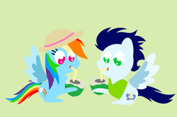 Size: 1935x1285 | Tagged: safe, anonymous artist, derpibooru exclusive, derpibooru import, rainbow dash, soarin', pegasus, pony, series:soarindash honeymoon, series:soarindash romantic tales, g4, clothes, coconut, coconut water, cute, dashabetes, drink, female, food, hat, heartwarming, male, mare, pointy ponies, primal, rainbow dash is best pony, shipping, sitting, soarinbetes, soarindash, stallion, straight, sweet dreams fuel