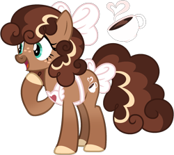 Size: 1829x1631 | Tagged: safe, artist:strawberry-spritz, derpibooru import, oc, oc only, oc:lovely latte, earth pony, pony, g4, apron, bangs, base used, bow, brown coat, brown mane, brown tail, clothes, coat markings, colored hooves, commission, crack ship offspring, cream hooves, curly hair, curly mane, curly tail, earth pony oc, eyelashes, facial markings, female, female oc, freckles, hair accessory, hair bow, hoof over mouth, hooves, long mane, long tail, magical lesbian spawn, mane accessory, mare, mare oc, offspring, open mouth, open smile, parent:cinnamon chai, parent:minty mocha, simple background, smiling, snip (coat marking), solo, standing, standing on three hooves, striped mane, striped tail, tail, tail accessory, tail bow, teal eyes, three quarter view, three toned mane, three toned tail, transparent background, white bow