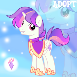 Size: 1280x1292 | Tagged: safe, artist:vi45, derpibooru import, oc, oc only, alicorn, pony, adoptable, alicorn oc, base used, cape, clothes, ethereal mane, flowing tail, folded wings, gradient background, gradient mane, gradient tail, hoof shoes, horn, looking back, magenta eyes, male, male oc, princess shoes, purple eyes, purple mane, purple tail, smiling, solo, sparkles, sparkly mane, sparkly tail, stallion, stallion oc, starry mane, starry tail, striped mane, striped tail, tail, three quarter view, unicorn horn, white coat, wings, zoom layer