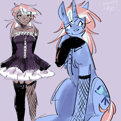 Size: 2048x2048 | Tagged: safe, artist:dmitrymemovznok, derpibooru import, oc, oc only, oc:laura (junosartz), human, pony, unicorn, g4, clothes, dark skin, dress, fishnet clothing, fishnet stockings, horn, humanized, humanized oc, simple background, solo, stockings, thigh highs, unicorn oc