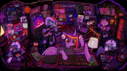 Size: 4690x2637 | Tagged: safe, artist:vemrill, derpibooru import, oc, oc only, oc:dubstep growl, oc:top five videos, alicorn, pony, g4, album cover, alicorn oc, backwards ballcap, baseball cap, bipedal, cap, computer, duo, ear piercing, gay pride flag, glasses, hat, headphones, horn, lesbian pride flag, love & ponystep, nonbinary pride flag, piercing, pride, pride flag, transgender pride flag, vylet pony, wings