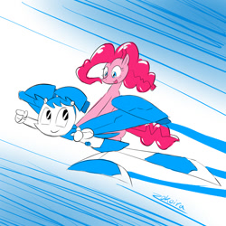 Size: 1024x1024 | Tagged: safe, artist:zokoira, derpibooru import, pinkie pie, earth pony, pony, robot, g4, crossover, duo, duo female, female, flying, gynoid, jenny wakeman, my life as a teenage robot