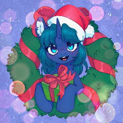 Size: 1369x1368 | Tagged: safe, artist:ls_skylight, derpibooru import, oc, oc only, oc:arclight, pony, unicorn, animated, christmas, christmas wreath, commission, female, hat, holiday, hoof hold, horn, looking at you, mare, open mouth, open smile, present, santa hat, smiling, smiling at you, solo, unicorn oc, wreath, ych result