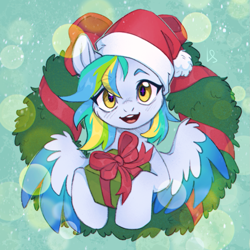 Size: 1369x1368 | Tagged: safe, artist:ls_skylight, derpibooru import, oc, oc only, oc:siriusnavigator, oc:siriusnavigator(alicorn), pegasus, pony, christmas, christmas wreath, colored wings, commission, female, gif, hat, holiday, hoof hold, looking at you, mare, multicolored wings, open mouth, open smile, pegasus oc, present, santa hat, smiling, smiling at you, solo, spread wings, two toned wings, wings, wreath, ych result