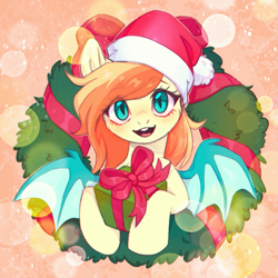 Size: 1369x1368 | Tagged: safe, artist:ls_skylight, derpibooru import, oc, oc only, oc:sunshine drift, bat pony, pony, bat pony oc, bat wings, christmas, christmas wreath, commission, female, hat, holiday, looking at you, mare, open mouth, open smile, present, santa hat, slit eyes, smiling, smiling at you, solo, spread wings, wings, wreath, ych result