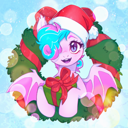 Size: 1369x1368 | Tagged: safe, artist:ls_skylight, derpibooru import, oc, oc only, oc:sweetie swirl, bat pony, pony, bat pony oc, bat wings, christmas, christmas wreath, commission, female, hair over one eye, hat, holiday, looking at you, mare, open mouth, open smile, present, santa hat, slit eyes, smiling, smiling at you, solo, spread wings, wings, wreath, ych result