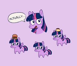 Size: 1122x964 | Tagged: safe, artist:tinypurplebrush, derpibooru import, twilight sparkle, twilight sparkle (alicorn), alicorn, pony, g4, blush sticker, blushing, burger, bust, female, flan, food, looking at you, mare, pudding, purple background, simple background, solo, squatpony