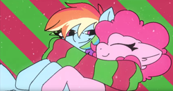 Size: 1340x701 | Tagged: safe, artist:tamers12345, derpibooru import, pinkie pie, rainbow dash, earth pony, pegasus, pony, g4, clothes, duo, duo female, female, lesbian, multicolored hair, my little pony the movie: hearth's warming in manehattan, pinkiedash, questionable source, rainbow hair, scarf, shared clothing, shared scarf, shipping, striped background, striped scarf