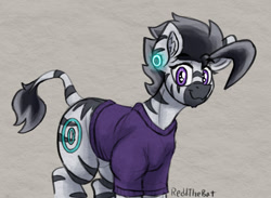 Size: 1465x1074 | Tagged: safe, artist:reddthebat, derpibooru import, oc, oc only, oc:zerø, zebra, clothes, ear gauges, looking at you, male, shirt, signature, smiling, smiling at you, solo, stallion, zebra oc