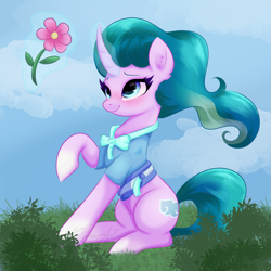 Size: 2048x2048 | Tagged: safe, artist:kuroartss, derpibooru import, mistmane, pony, unicorn, g4, curved horn, female, flower, glowing, glowing horn, horn, levitation, looking at something, magic, magic aura, mare, raised hoof, raised leg, sitting, smiling, solo, telekinesis, young mistmane