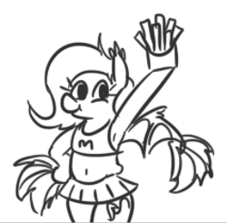 Size: 426x417 | Tagged: safe, artist:jargon scott, derpibooru import, oc, oc only, oc:panne, bat pony, armpits, bat pony oc, bipedal, cheerleader, cheerleader outfit, clothes, female, food, french fries, grayscale, hoof on hip, mare, monochrome, one wing out, pom pom, raised hoof, raised leg, simple background, smiling, solo, that pony sure does love fries, white background, wings