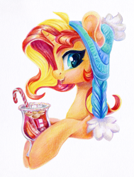 Size: 981x1300 | Tagged: safe, artist:maytee, derpibooru import, sunset shimmer, pony, unicorn, g4, bust, colored pencil drawing, drink, glögg, hat, horn, portrait, profile, smiling, traditional art