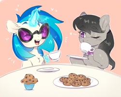 Size: 1486x1185 | Tagged: safe, artist:ls_skylight, derpibooru import, dj pon-3, octavia melody, vinyl scratch, earth pony, pony, unicorn, g4, blushing, bowtie, cookie, cup, drink, drinking, duo, duo female, eyes closed, female, food, glowing, glowing horn, heart, hoof hold, horn, levitation, magic, magic aura, mare, muffin, octavia's bowtie, one eye closed, open mouth, teacup, telekinesis, vinyl's glasses