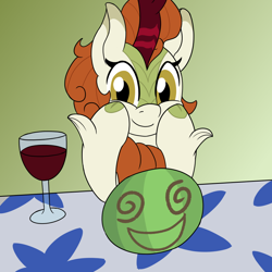 Size: 900x900 | Tagged: safe, alternate version, artist:unitxxvii, derpibooru import, autumn blaze, kirin, g4, alcohol, cloven hooves, female, food, glass, hoof on chin, looking at you, smiling, smiling at you, solo, textless, textless version, watermelon, wine, wine glass