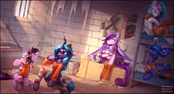 Size: 2628x1420 | Tagged: safe, artist:anti1mozg, artist:foxpit, artist:ramiras, artist:taneysha, derpibooru import, princess cadance, princess celestia, princess flurry heart, princess luna, queen chrysalis, twilight sparkle, twilight sparkle (alicorn), alicorn, changeling, pony, g4, baby, clothes, console, cyrillic, female, filly, foal, horn, horn ring, jumpsuit, mare, prison outfit, prisoner, ring, russian, tattoo, vulgar