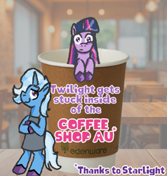 Size: 619x650 | Tagged: safe, artist:zoeyhorse, derpibooru import, trixie, twilight sparkle, pony, unicorn, fanfic:twilight gets stuck inside of the coffee shop au (thanks to starlight), g4, apron, bipedal, bipedal leaning, clothes, coffee cup, crossed hooves, cup, cup of pony, duo, duo female, eye twitch, fanfic art, female, horn, leaning, lesbian, lidded eyes, looking at you, mare, micro, shipping, smiling, smiling at you, text, twixie, unshorn fetlocks