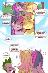 Size: 960x1440 | Tagged: safe, artist:cold-blooded-twilight translation, derpibooru import, edit, fluttershy, spike, twilight sparkle, unicorn twilight, dragon, pegasus, pony, unicorn, comic:cold storm (ru), g4, blushing, cheek to cheek, cold blooded twilight, comic, cyrillic, dialogue, eyes closed, fangs, female, flower, flower in hair, horn, laughing, mare, nuzzling, open mouth, russian, smiling, snickering, speech bubble, translation, translator:agent00k0t