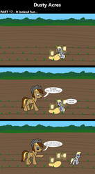 Size: 1920x3516 | Tagged: safe, artist:platinumdrop, derpibooru import, derpy hooves, oc, oc:dusty hooves, earth pony, pegasus, comic:dusty acres, series:technoverse, g4, 3 panel comic, comic, commission, crying, dialogue, female, filly, foal, male, pointing, sack, sad, seeds, speech bubble, stallion, walking, younger