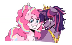 Size: 1600x1000 | Tagged: safe, artist:slapearl, derpibooru import, pinkie pie, twilight sparkle, twilight sparkle (alicorn), alicorn, earth pony, pony, g4, alternate hairstyle, chest fluff, clown, clown makeup, coat markings, crown, duo, duo female, female, grin, hat, jewelry, lesbian, lipstick, mare, party hat, redesign, regalia, shipping, simple background, smiling, twinkie, white background