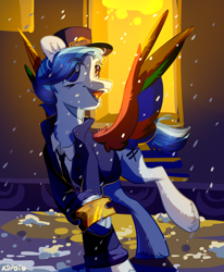 Size: 3700x4500 | Tagged: safe, artist:k0potb, derpibooru import, pegasus, pony, machinist, snow, snowfall, ticket, train, train station