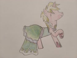 Size: 4032x3016 | Tagged: safe, artist:jakusi, derpibooru import, sunshine smiles, pony, unicorn, g4, clothes, dress, eyes closed, female, happy, horn, mare, shoes, traditional art