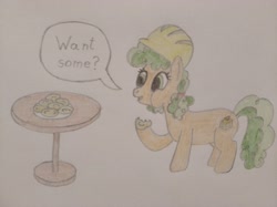 Size: 4032x3016 | Tagged: safe, artist:jakusi, derpibooru import, apple brown betty, pony, g4, apple family member, apple fritter (food), clothes, eating, female, food, hard hat, hat, mare, pigtails, plate, speech bubble, table, text, traditional art