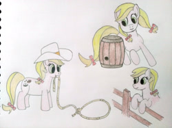 Size: 4032x3016 | Tagged: safe, artist:jakusi, derpibooru import, raspberry glaze, earth pony, pony, g4, /bale/, appleloosa resident, background pony, barrel, bow, cowboy hat, donut, female, fence, food, hat, lasso, mare, mouth hold, pigtails, rope, running, traditional art