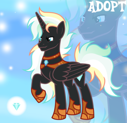 Size: 1280x1242 | Tagged: safe, artist:vi45, derpibooru import, oc, oc only, alicorn, pony, adoptable, alicorn oc, base used, black coat, folded wings, frown, gradient background, hoof shoes, horn, jewelry, long horn, long mane male, long tail, male, male alicorn, male alicorn oc, male oc, multicolored mane, multicolored tail, peytral, princess shoes, raised hoof, raised leg, regalia, solo, spiky mane, spiky tail, stallion, stallion oc, standing, standing on three hooves, tail, three quarter view, unicorn horn, wings, zoom layer