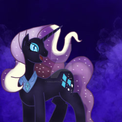 Size: 1024x1024 | Tagged: safe, artist:asinglepetal, derpibooru import, nightmare rarity, rarity, pony, unicorn, g4, amethyst background, crystal background, darkened coat, deviantart watermark, diamond pupils, eyeshadow, female, horn, ipad, makeup, mare, nightmarified, obtrusive watermark, open mouth, peytral, procreate, procreate app, slit eyes, solo, starry hair, tumblr:a rarity of a nightmare, tumblr:ask nightmare rarity, watermark, white stripes