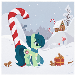 Size: 2500x2500 | Tagged: safe, artist:kaylemi, derpibooru import, oc, oc only, earth pony, food pony, original species, pony, candy, candy cane, earth pony oc, food, gingerbread (food), gingerbread house, gingerbread pony, ponified, present, snow, snowfall, species swap, tree