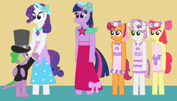 Size: 2099x1189 | Tagged: safe, artist:eli-j-brony, derpibooru import, apple bloom, rarity, scootaloo, spike, sweetie belle, twilight sparkle, anthro, dragon, earth pony, pegasus, pony, unicorn, a canterlot wedding, g4, bridesmaid dress, clothes, cutie mark crusaders, dancing, dress, female, filly, floral head wreath, flower, flower girl, flower girl dress, foal, hat, horn, looking at each other, looking at someone, male, mare, my little pony: friendship is magic, shipping, smiling, smiling at each other, sparity, straight, suit, top hat, winged spike, wings