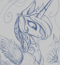 Size: 1414x1510 | Tagged: safe, artist:colochenni, derpibooru import, princess celestia, alicorn, pony, g4, alternate hairstyle, clothes, crown, dress, flower, horn, horn ring, jewelry, monochrome, regalia, ring, sketch, sunflower