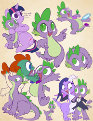 Size: 1546x2000 | Tagged: safe, artist:furseiseki, derpibooru import, spike, twilight sparkle, oc, oc:emziko, oc:shard, dragon, pony, unicorn, g4, clothes, curled up, cute, don't talk to me or my son ever again, gem, gemstones, gift giving, hop, hopping, horn, hug, meme, menacing, older, older spike, refractor shards, sketch, sketch dump, spikabetes, spike ball, stare, suit, wingless, wingless spike