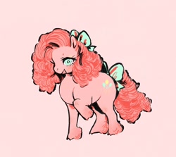 Size: 1280x1142 | Tagged: safe, artist:swollenbabyfat, derpibooru import, pinkie pie, earth pony, pony, g4, alternate hairstyle, beanbrows, blue bow, blue eyes, blush lines, blushing, bow, chubby, cloven hooves, colored eyebrows, curly hair, curly mane, curly tail, eyebrows, eyelashes, female, fetlock tuft, hair accessory, hair bow, light pink background, mane accessory, mare, no catchlights, open mouth, open smile, pink background, pink coat, pink mane, pink tail, raised hoof, raised leg, redraw, simple background, smiling, solo, standing, standing on three hooves, tail, tail accessory, tail bow, white pupils