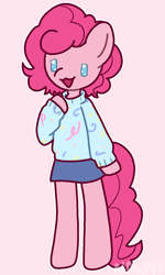 Size: 900x1500 | Tagged: safe, artist:nawnii, derpibooru import, pinkie pie, semi-anthro, g4, clothes, pink background, simple background, skirt, solo, sweater