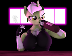 Size: 2797x2160 | Tagged: safe, artist:frostydream, derpibooru import, oc, oc only, oc:baetica castanets, anthro, unicorn, alcohol, anthro oc, bar, big breasts, billy herrington, black t-shirt, bottle, breasts, cigarette, drink, female, gachimuchi, horn, solo, unicorn oc, wine, wine bottle