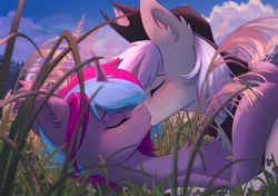 Size: 1600x1128 | Tagged: safe, artist:glumarkoj, derpibooru import, oc, oc only, oc:cloud twist, oc:silver edge, alicorn, bat pony, bat pony alicorn, earth pony, unicorn, bat wings, blushing, commission, cute, eyes closed, gay, grass, hat, horn, kissing, male, nature, outdoors, sky, smooch, stallion, stallion oc, wings