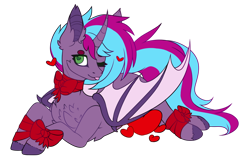 Size: 1110x720 | Tagged: safe, artist:faquali, derpibooru import, oc, oc only, oc:cloud twist, alicorn, bat pony, bat pony alicorn, unicorn, :p, bat wings, chest fluff, cute, female, folded wings, heart, horn, lying down, male, mare, one eye closed, prone, simple background, solo, stallion, tongue, tongue out, transparent background, unshorn fetlocks, wings, wink, wrapped up