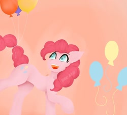 Size: 1024x926 | Tagged: safe, artist:yenne_sistint, derpibooru import, pinkie pie, earth pony, pony, g4, balloon, happy, looking up, open mouth, open smile, smiling, solo