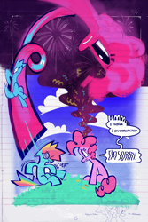 Size: 1280x1920 | Tagged: safe, artist:yl0w, derpibooru import, part of a series, part of a set, pinkie pie, rainbow dash, earth pony, pegasus, pony, comic:rainbow override, fanfic:rainbow factory, g4, abstract, apologetic, apology, bloodshot eyes, blue coat, blue sky, comic, confetti, curly hair, curly mane, curly tail, dialogue, dizzy, duo, duo female, ears, eye clipping through hair, eyelashes, fanfic art, female, floppy ears, frown, grass, looking at someone, mare, motion lines, multicolored hair, multicolored mane, open frown, open mouth, outdoors, pink coat, pink mane, pink tail, profile, rainbow hair, rainbow tail, sitting, sky, sliding, speech bubble, spiky mane, spiky tail, tail, talking, three quarter view