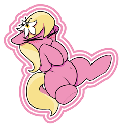 Size: 888x924 | Tagged: safe, artist:thebatfang, derpibooru import, ponerpics import, lily, lily valley, earth pony, pony, g4, belly, belly button, blush lines, blushing, border, covering mouth, cute, eyes closed, female, flower, flower in hair, lilybetes, mare, simple background, solo, transparent background