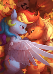 Size: 2277x3220 | Tagged: safe, artist:itssim, derpibooru import, applejack, rainbow dash, earth pony, pegasus, pony, fall weather friends, g4, appledash, applejack's hat, autumn, backwards cutie mark, blushing, butt, chest fluff, clothes, cowboy hat, duo, duo female, ear fluff, ears, eye contact, female, fluffy, freckles, hat, leaves, lesbian, lightly watermarked, looking at each other, looking at someone, lying down, mare, my little pony: friendship is magic, on side, one wing out, outdoors, plot, running of the leaves, shipping, smiling, smiling at each other, watermark, wings